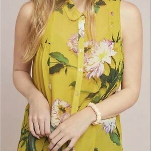 Anthropologie Mustard Yellow Floral Sleeveless Button-Front Blouse
